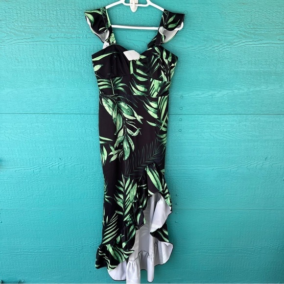 TROPICAL PALM PRINT CORSET STYLE RUFFLE HIGH LOW MAXI DRESS SIZE MEDIUM NWT - Picture 1 of 7